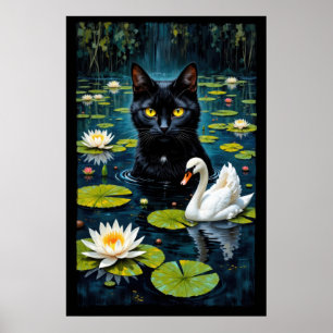 Affiche Chat noir et cygne dans un étang rempli d'eau