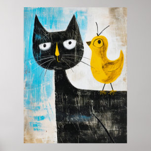 Affiche Chat noir et oiseau jaune – Art moderne fantaisist