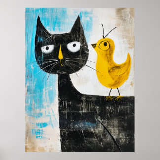 Affiche Chat noir et oiseau jaune – Art moderne fantaisist
