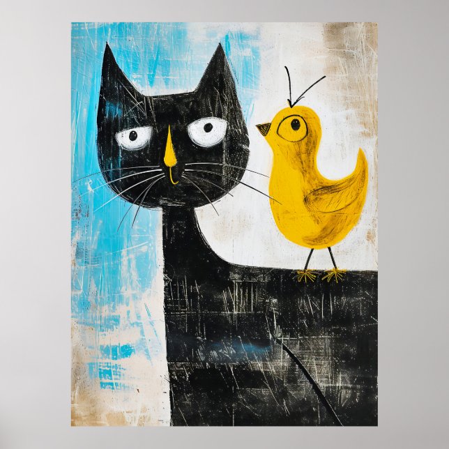 Affiche Chat noir et oiseau jaune – Art moderne fantaisist (Devant)
