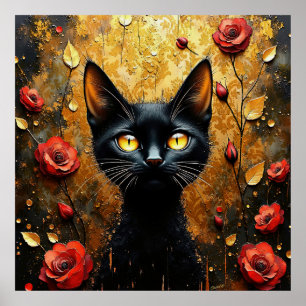 Affiche Chat noir et roses