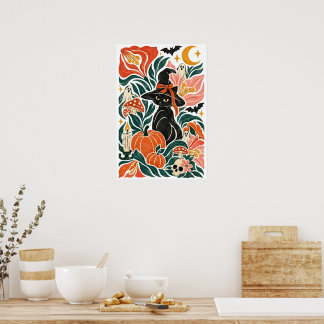 Affiche Chat noir fantaisiste Halloween Botanique Art Popu