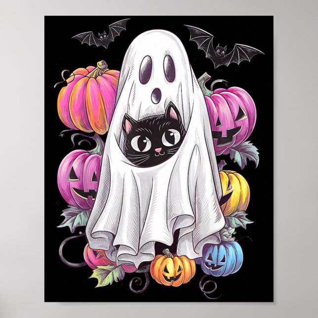 Affiche Chat Noir Fantôme Avec Citrouilles Halloween Effra (Devant)