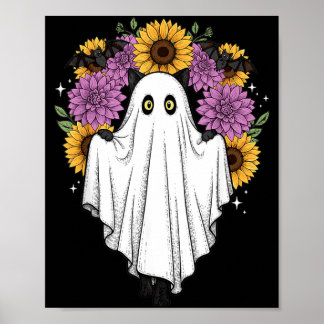Affiche Chat noir fantôme d'Halloween Chauve-souris Floral