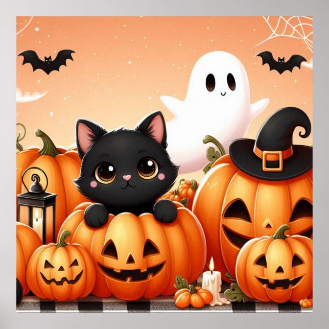 Affiche Chat noir, fantôme et Jack-O-Lanterns (Devant)
