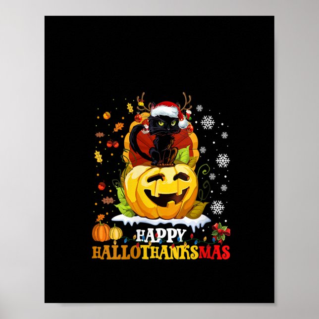 Affiche Chat Noir Femme Halloween Et Joyeux Chapeau De Noë (Devant)