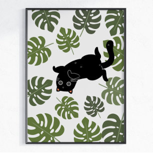 Affiche Chat Noir Feuilles Tropicales Amoureux des Plantes