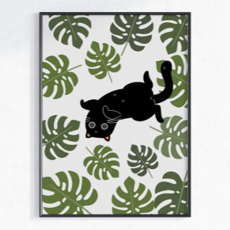Affiche Chat Noir Feuilles Tropicales Amoureux des Plantes