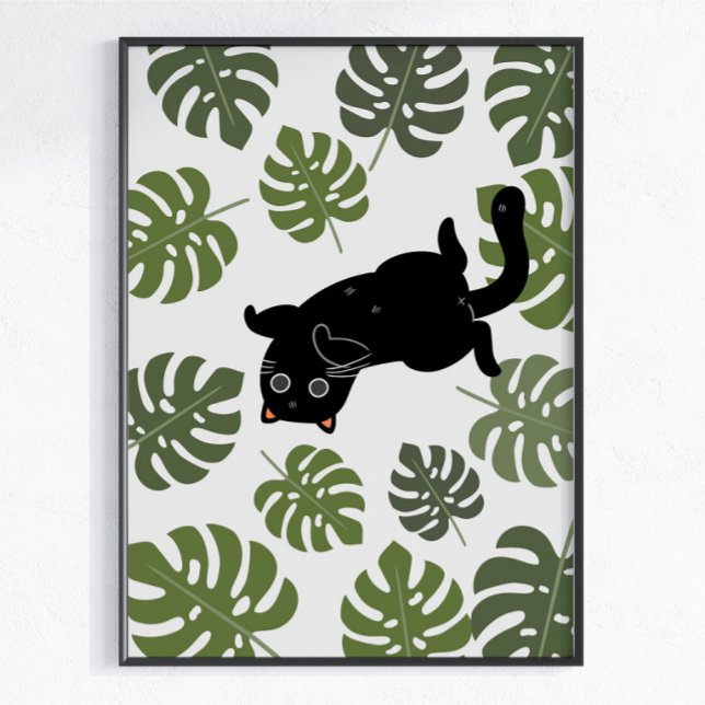 Affiche Chat Noir Feuilles Tropicales Amoureux des Plantes (Créateur téléchargé)