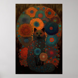 Affiche Chat noir floral avec design d'ombre lumineux