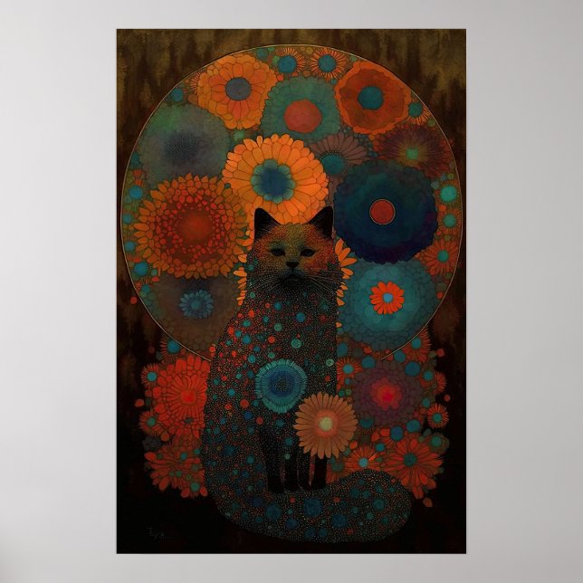 Affiche Chat noir floral avec design d'ombre lumineux (Devant)