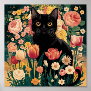 Affiche Chat noir floral Gustav Klimt, Eclectique Vintage
