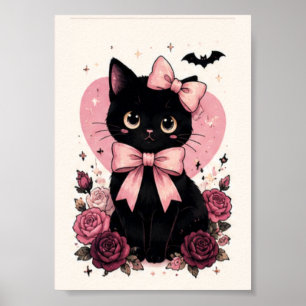 Affiche Chat noir floral Rose Ruban rose