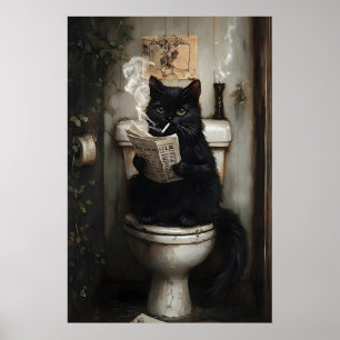Affiche Chat Noir Fumant en Train de Lire un Journal sur l