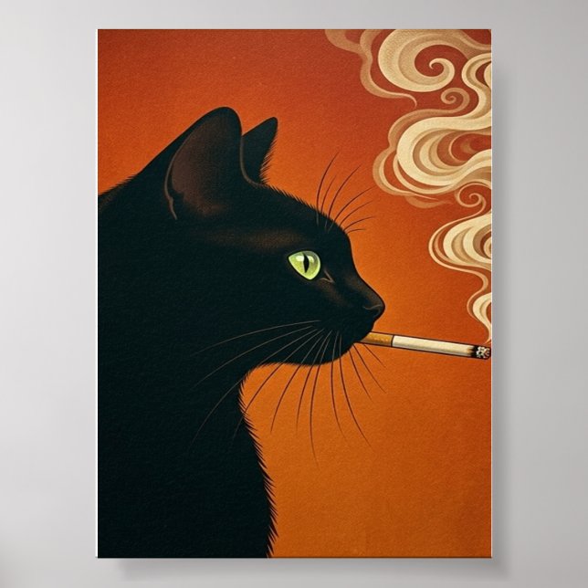 Affiche Chat noir fumant une cigarette Vintage (Devant)