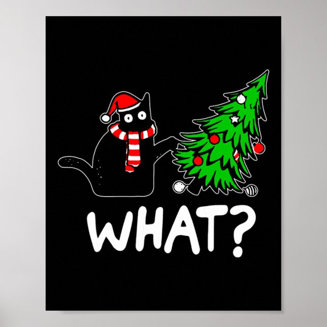 Affiche Chat Noir Fun Et Marrant Poussant L'Arbre De Noël (Devant)
