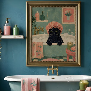 Affiche Chat noir grincheux à l'heure du bain Art rétro vi