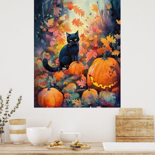 Affiche Chat noir Halloween avec citrouilles effrayantes
