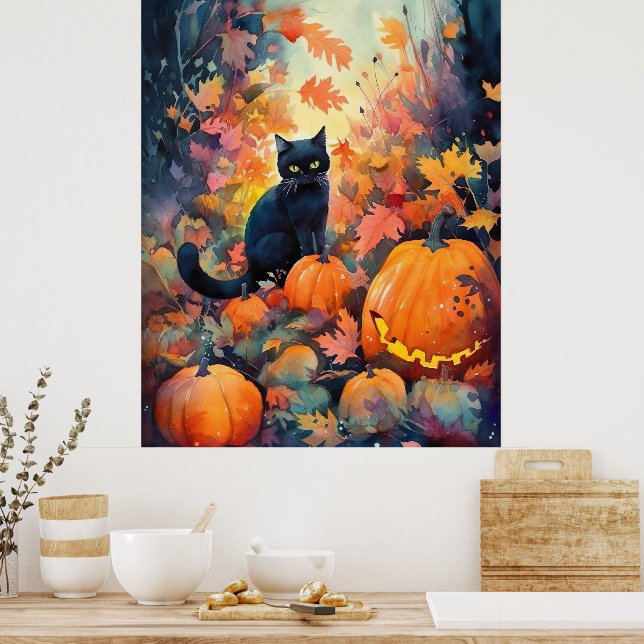 Affiche Chat noir Halloween avec citrouilles effrayantes (Cuisine)