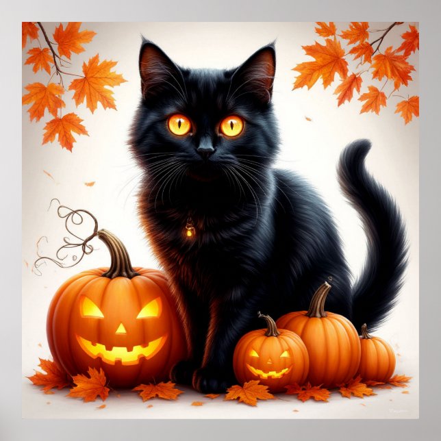 Affiche Chat noir Halloween avec scène de champ de citroui (Devant)