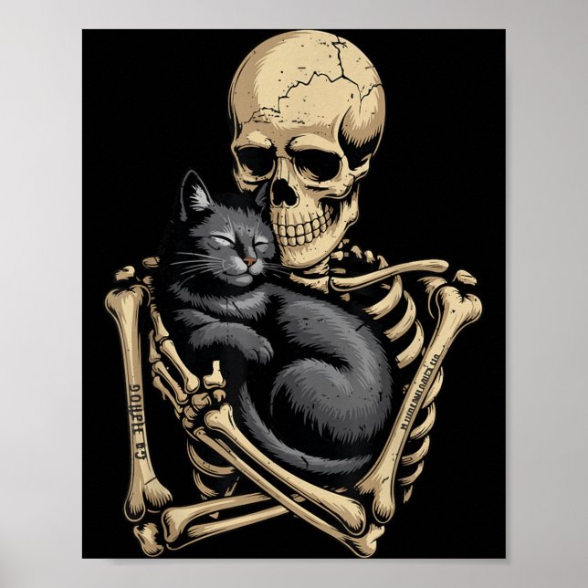 Affiche Chat noir Halloween Squelette Câlinant Chat Drôle (Devant)