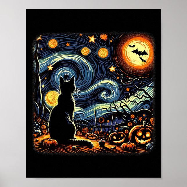 Affiche Chat noir Halloween Van Gogh Nuit étoilée Amour de (Devant)