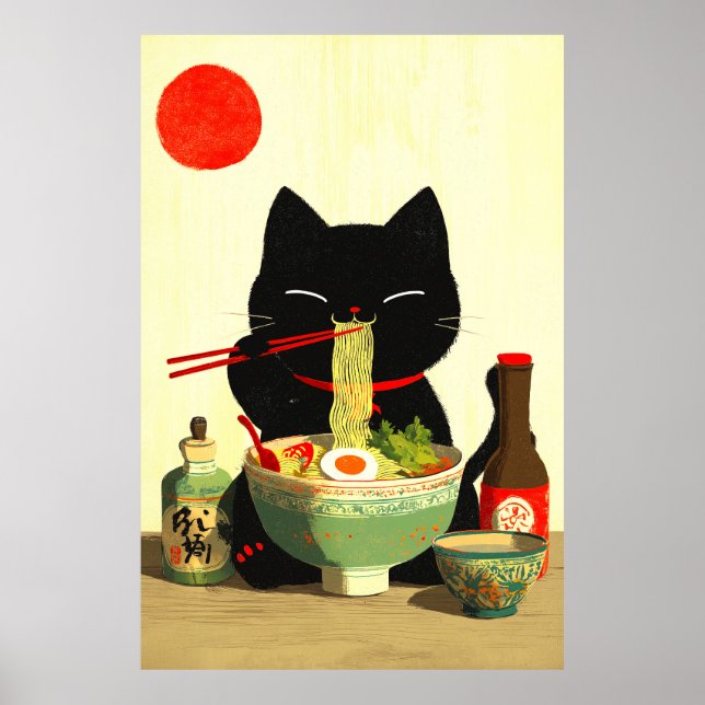 Affiche Chat noir heureux mangeant du Ramen | Ukiyo-e japo (Devant)