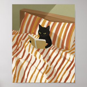 Affiche Chat noir lisant au lit   Chambre paisible   Chat 