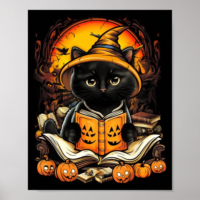 Affiche Chat noir lisant des livres Citrouille Automne Ens (Devant)