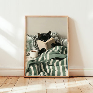 Affiche Chat noir lisant un livre au lit