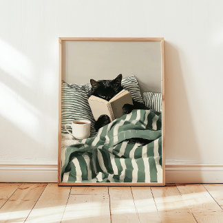 Affiche Chat noir lisant un livre au lit