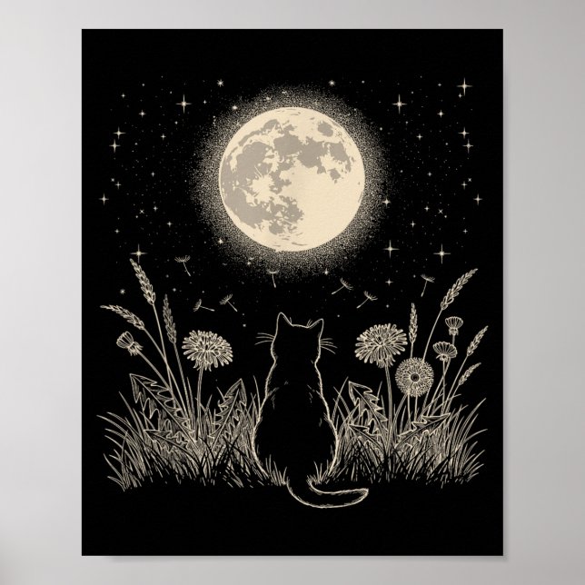 Affiche Chat Noir Lune Florale Esthétique Hommes Femmes Ch (Devant)
