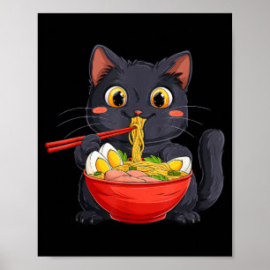 Affiche Chat noir mangeant des nouilles Ramen dans le styl