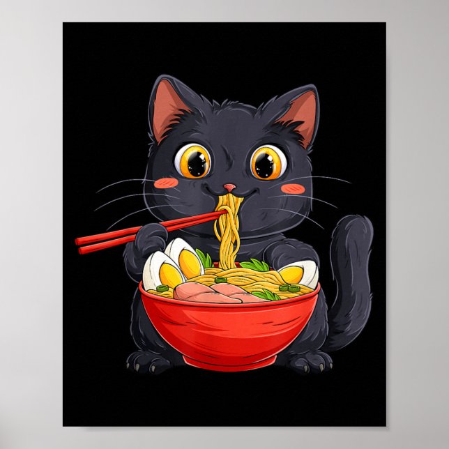 Affiche Chat noir mangeant des nouilles Ramen dans le styl (Devant)