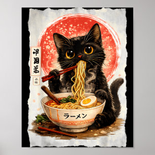 Affiche Chat noir mangeant des ramen mignon kawaii anime c