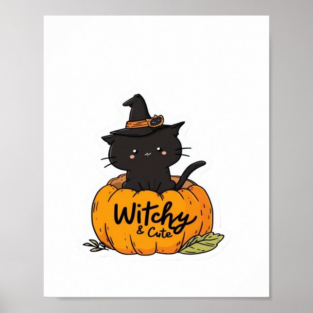 Affiche Chat noir mignon en citrouille avec casquette sorc (Devant)