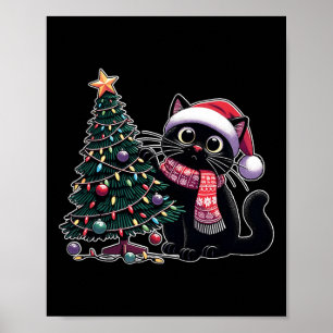 Affiche Chat noir mignon Kitten Santa Chapeau sapin de Noë
