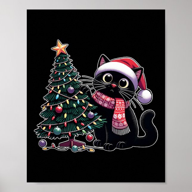 Affiche Chat noir mignon Kitten Santa Chapeau sapin de Noë (Devant)