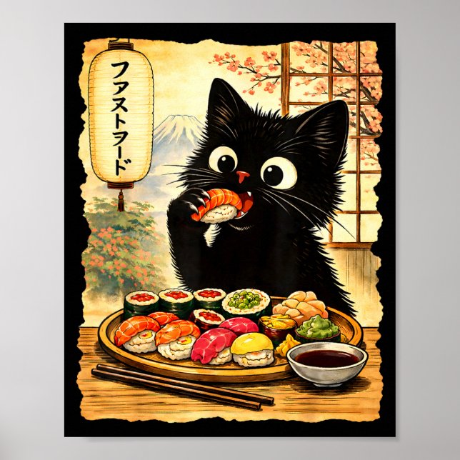 Affiche Chat noir mignon mangeant des sushis kawaii nourri (Devant)