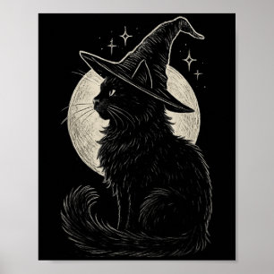Affiche Chat noir mignon sorcière Casquette Lune Retro Coq
