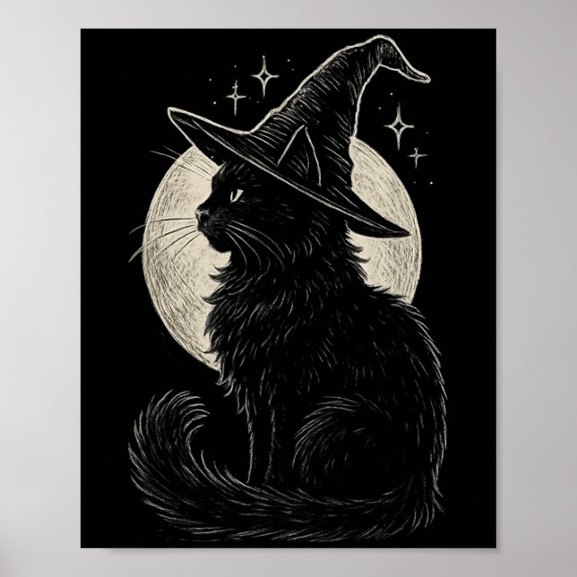 Affiche Chat noir mignon sorcière Casquette Lune Retro Coq (Devant)