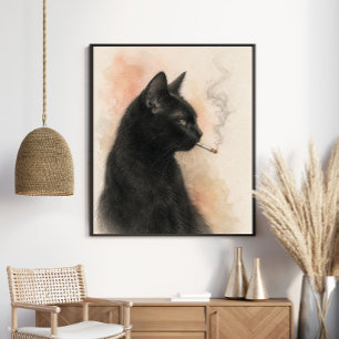 Affiche Chat Noir Mystérieux Fumant Graphite Vintage