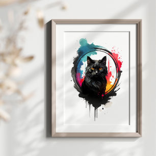 Affiche Chat noir mystique aquarelle