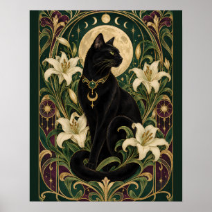 Affiche Chat Noir Mystique avec Lys Blancs et Lune Dorée