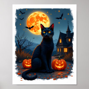 Affiche Chat noir Nuit étoilée Van Gogh Citrouilles Chauve