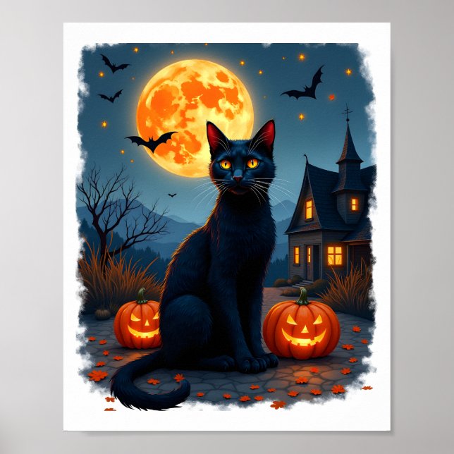 Affiche Chat noir Nuit étoilée Van Gogh Citrouilles Chauve (Devant)