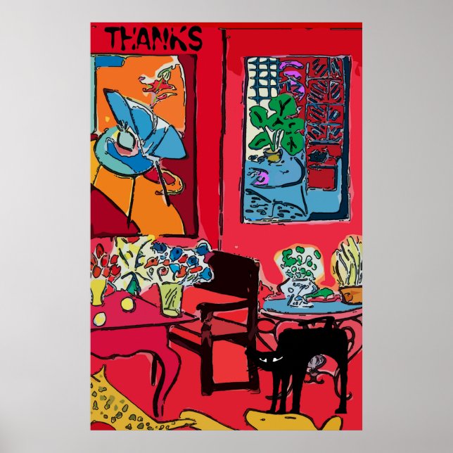 Affiche Chat noir par table, MERCI (Devant)