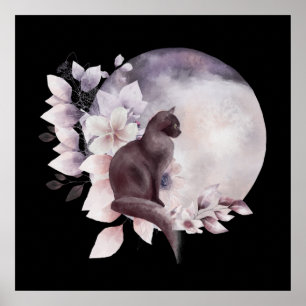 Affiche Chat noir par une Pleine lune magique