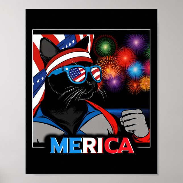Affiche Chat noir patriotique Fireworks (Devant)