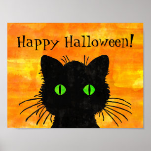 Affiche Chat noir Peek-A-Boo sur Halloween Orange